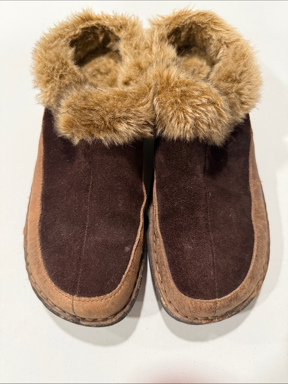 boc Brown and Tan Faux Fur Trim Moccasin Slippers